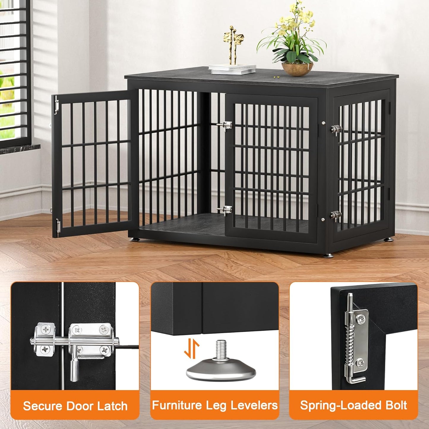 38 Inch Heavy Duty Dog Crate Furniture for Large and Medium Dogs, Decorative Pet House End Table, Wooden Cage Kennel Furniture Indoor, Gray
