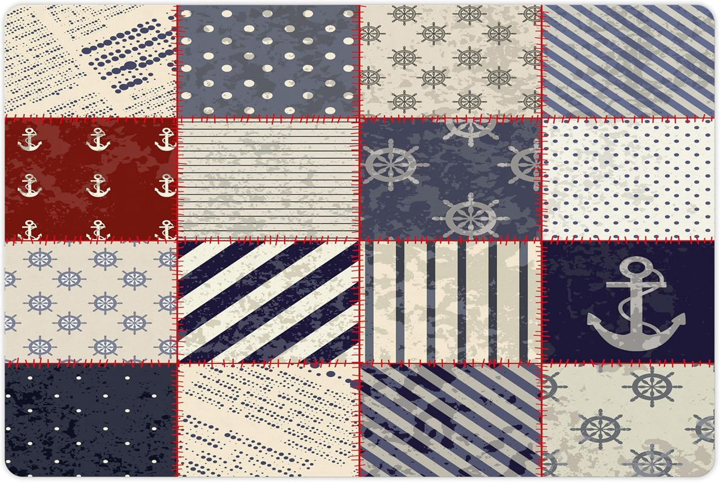 Lunarable Nautical Pet Mat for Food and Water, Maritime and Nautical Life Design with Vintage Sailor Knot Anchor Motifs, Non-Slip Rubber Mat for Dogs and Cats, 18" X 12", Vermilion Blue