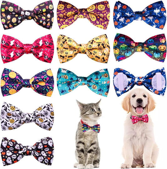 PET SHOW 10pcs Halloween Small Dog Bow Ties for Medium Dogs Puppies Rabbit Cat Detachable Bowties with Elastic Bands Attach to Collar Pet Grooming Collar Attachment Accessories
