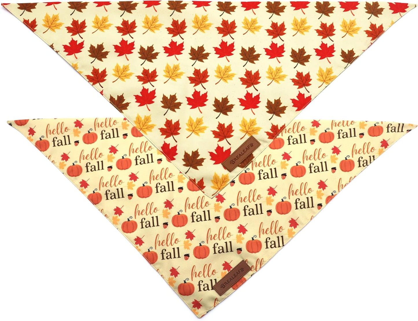 Realeaf Fall Dog Bandanas 2 Pack, Orange Pumpkin and Leaf Print Pet Scarf for Boy and Girl, Premium Durable Fabric, Holiday Bandana for Medium and Large Dogs (Large)
