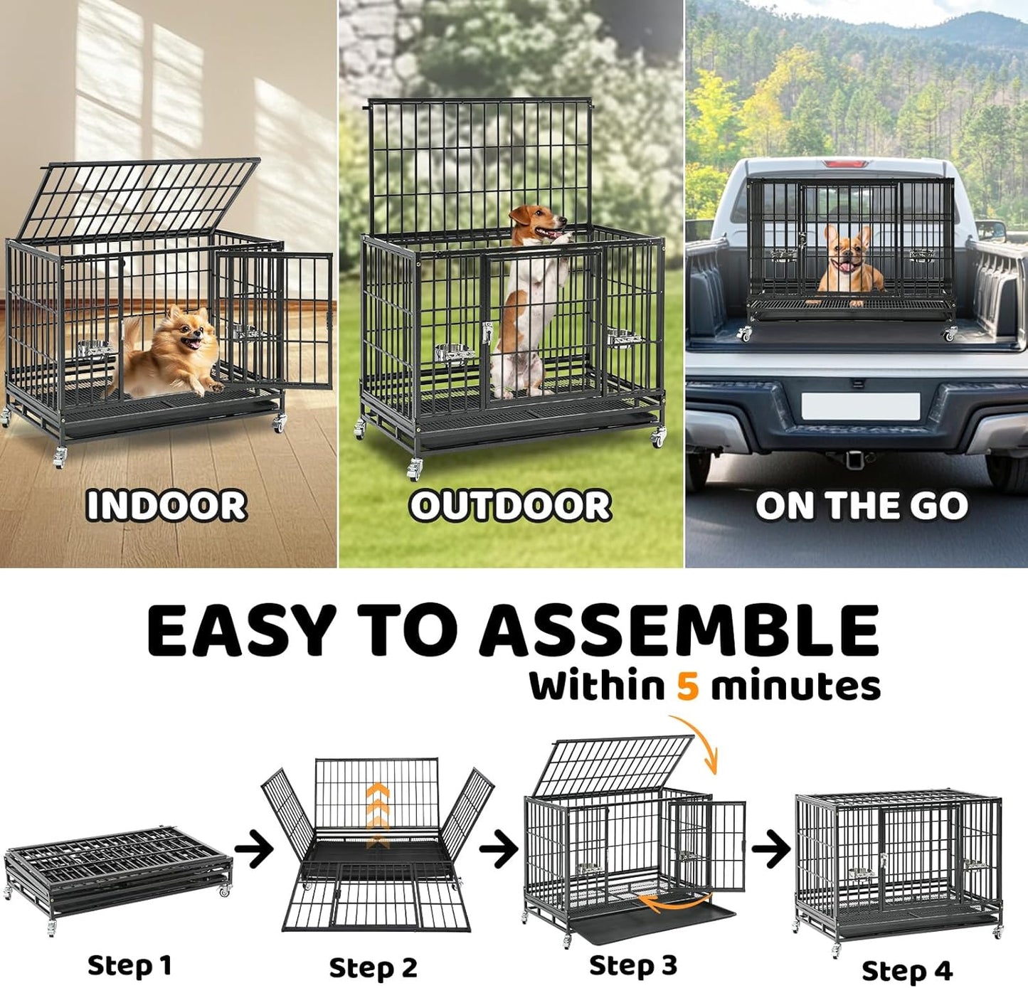 Homey Pet 2 Pack Three Levels 37 Inch Dog Crate, Escape Proof Dog Cage Kennel Indoor with Top Access and Lockable Wheels, Removable Tray, Heavy Duty Dog Crates for Medium/Small Dogs