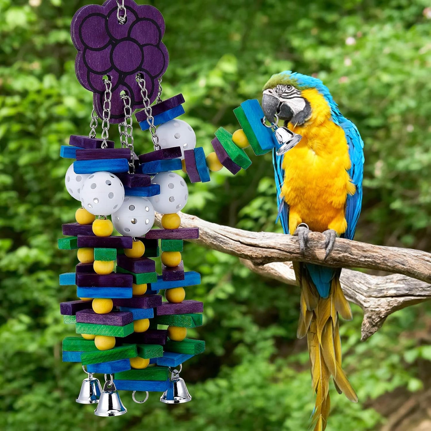 Large Bird Parrot Toys with Bells- Parrots Cage Chewing Toy Gift with Colorful Wood Blocks Beads- Bird Parrot Chewing Sticks Toys for Cockatoos African Grey Macaws and Amazon Parrots(Grape Style)