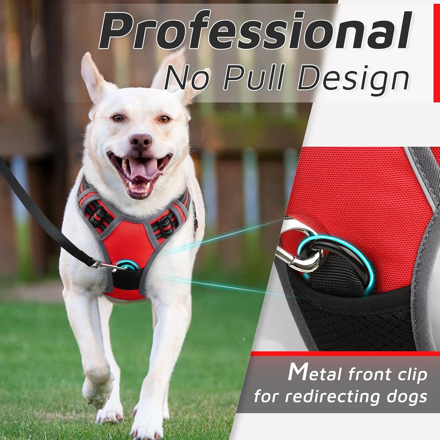 Eagloo Dog Harness for Large Dogs, No Pull Service Vest with Reflective Strips and Control Handle, Adjustable and Comfortable for Easy Walking, No Choke Pet Harness with 2 Metal Rings, Red, L