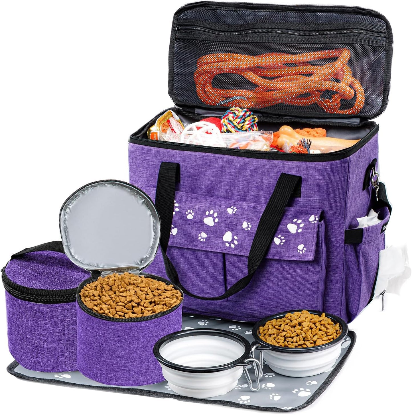 Dog Travel Bag, Airline Approved Dogs Bags for Traveling, 2 Dog 's Food Travel Container and Collapsible Bowls, Weekend Pet Travel Bags (X-Large)