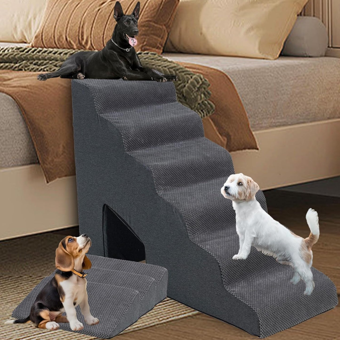 Dog Stairs & Steps Ramps for High Beds 30 inches High Tall, LitaiL 6 Step Pet Stairs Steps for Small Large Dogs, Non-Slip Dog Ramps with 3 Pack Ramps for Staircase