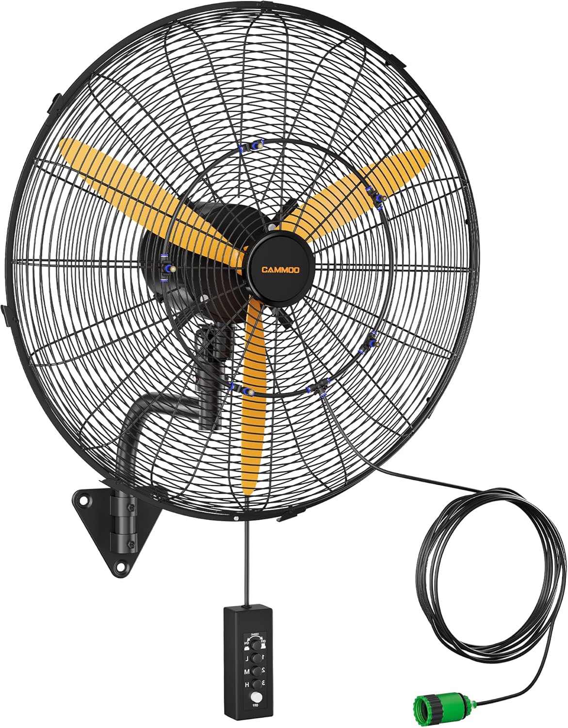 24 Inch Oscillating Misting Wall Mount Fan, Extra Long 3.9ft Wired Remote and 9.8ft Power Cord, IP44 Industrial Commercial Wall Mounted Fan for Greenhouse, Garage, Workshop, Covered Patio