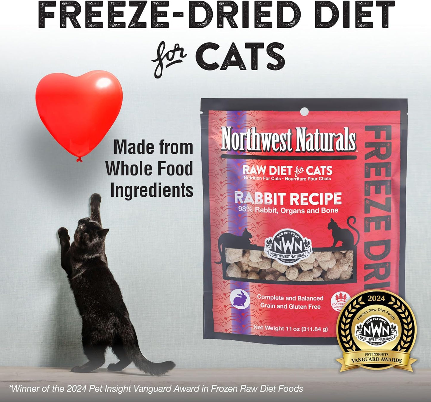 Northwest Naturals Freeze-Dried Rabbit Cat & Kitten Food – Bite-Sized Nibbles – Healthy, Limited, Human-Grade Ingredients, All-Natural, High-Protein Raw Diet – Complete & Balanced – 11 oz (Pack of 3)