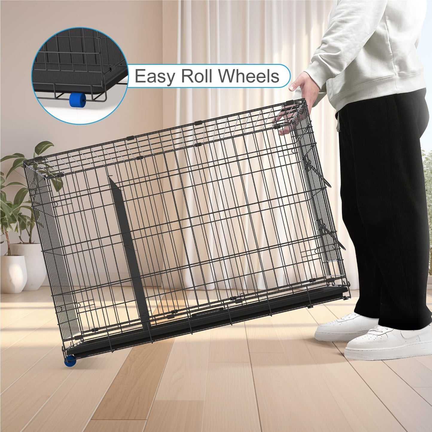 PetsTuff Great CRATES 36” Large Dog Crate - Heavy-Duty Dog Kennel with Divider Panel for Pets 40-60lbs - Durable Leaf-Proof Tray - Foldable, Carry Handle & Wheels for Easy Moving - Two-Door Dog Cage