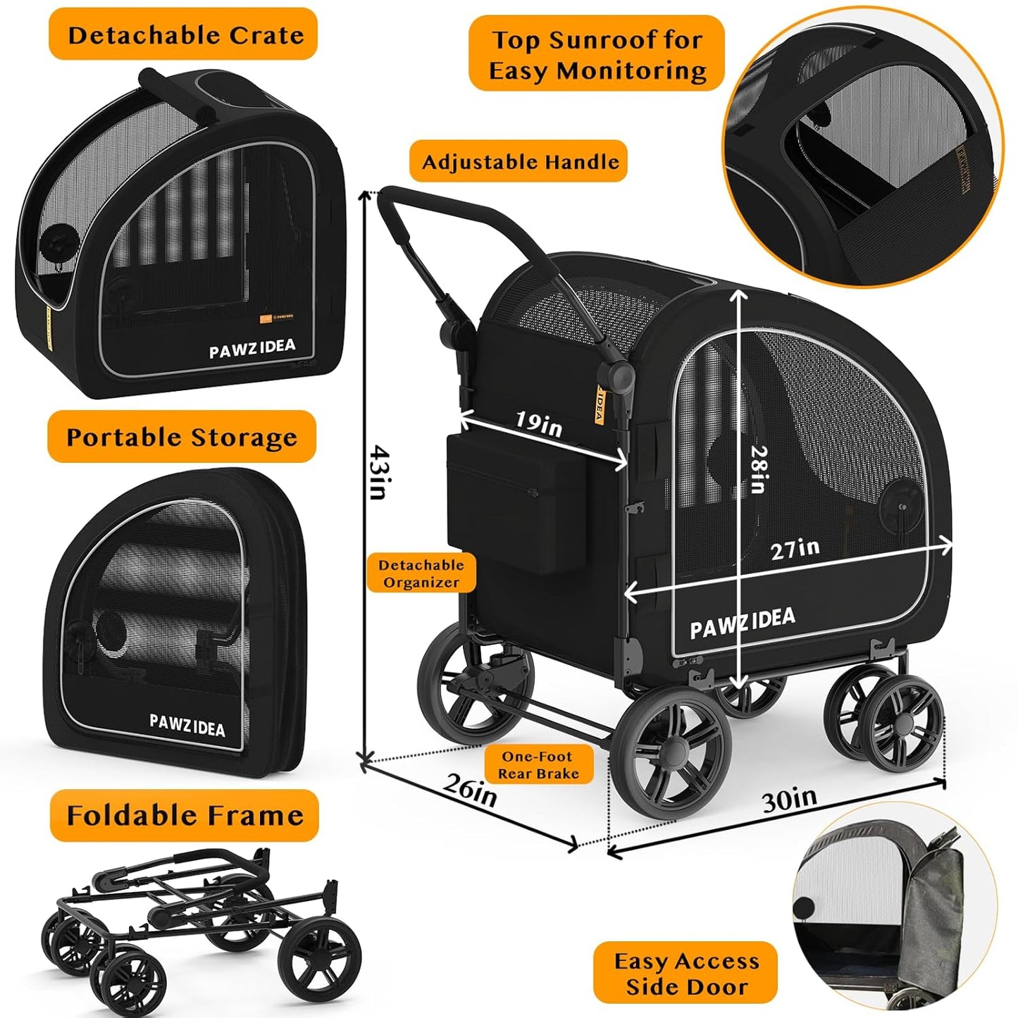 PAWZIDEA Dog Stroller for Large Dogs, Pet Stroller with Detachable Carrier for Portable Dog Crate for Car Seat, Foldable Dogs Jogger Strollers, All Terrain 9” Wheels, Adjustable Handle, Storage Bag