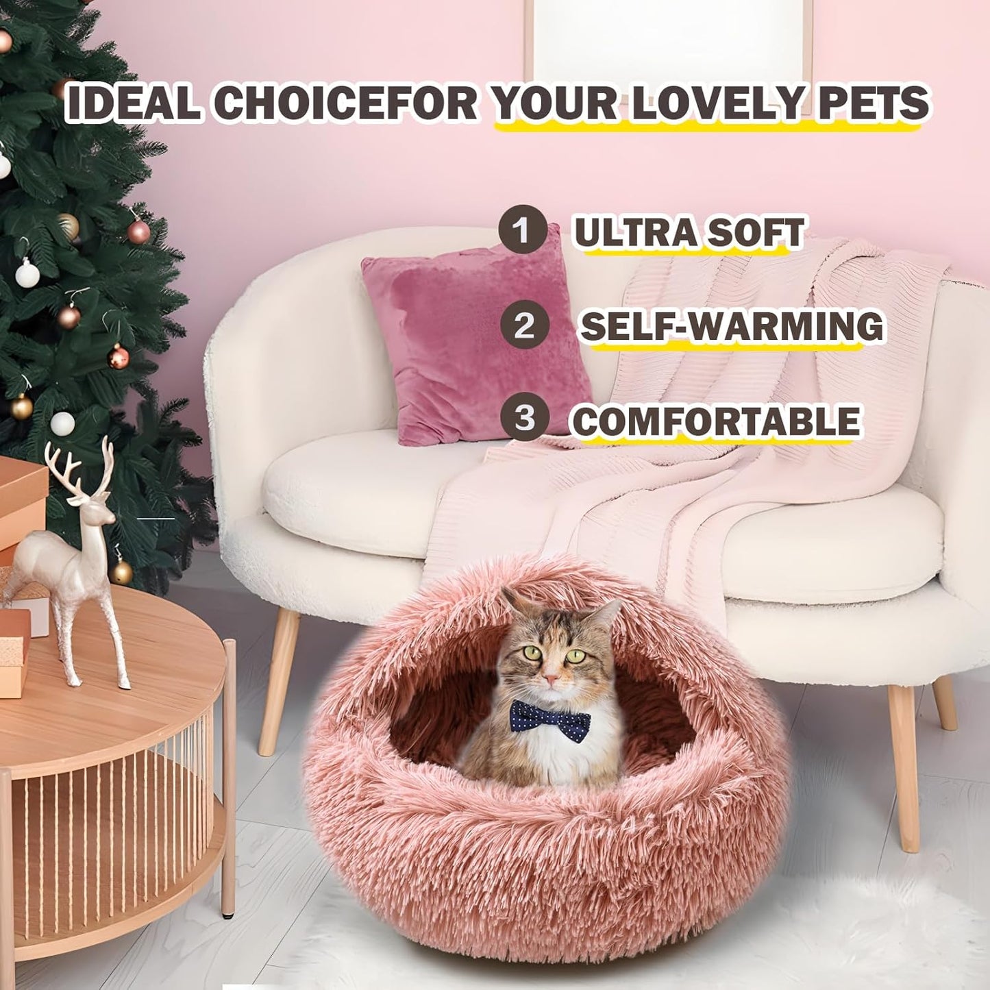 Cat Bed for Indoor Cats, Calming Cozy Cave with Self-Warming Plush, Entire Bed Machine Washable & Anti-Slip Base, Breathable Pet Bed for Small Cats&Dogs All Seasons (Leather Pink, 24 * 24inch)
