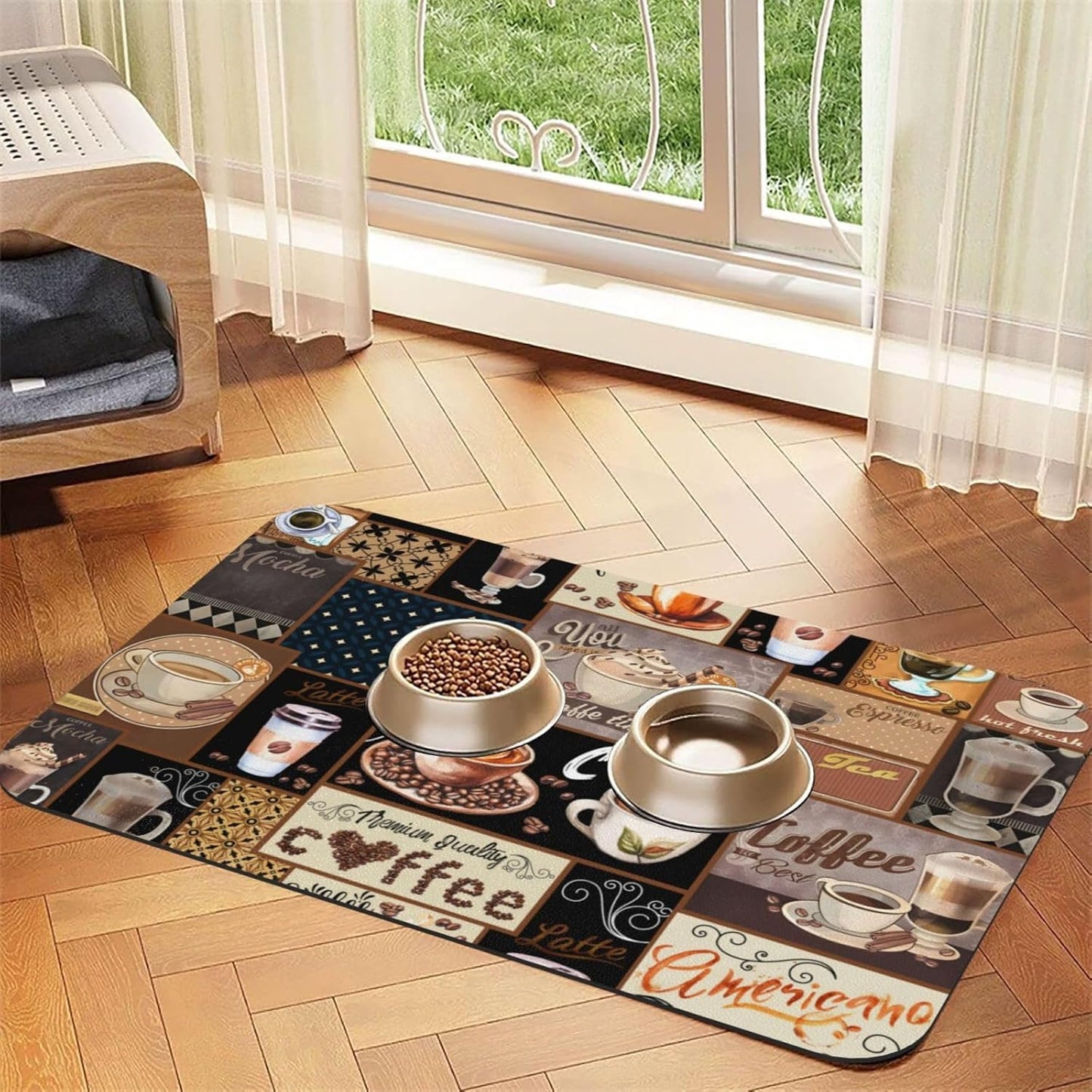 Boho Coffee Dog Food Mat Absorbent Bowl Mats No Stains Quick Dry Waterproof Pet Cat Placemats for Food and Water, 30x45cm