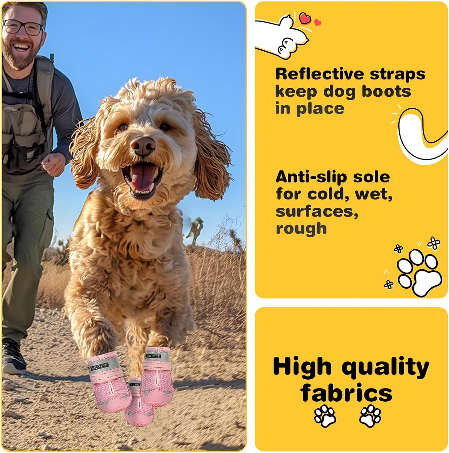 Hcpet Dog Shoes for Large Dogs, Breathable Dog Booties for Small Medium Dogs, Anti-Slip Dog Boots & Paw Protectors for Hot Pavement Winter Snow Hiking with Reflective Straps Pink Size 5