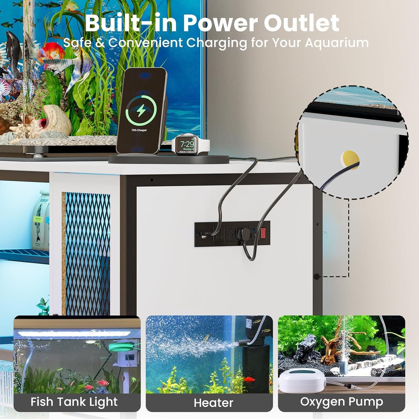 EAG 55-75 Gallon Fish Tank Stand with Power Outlets & LED Light, Heavy Duty Aquarium Stand with Adjustable Shelves, Turtle Reptile Terrarium Tank Stand with Cabinet, 1250LBS Capacity, White