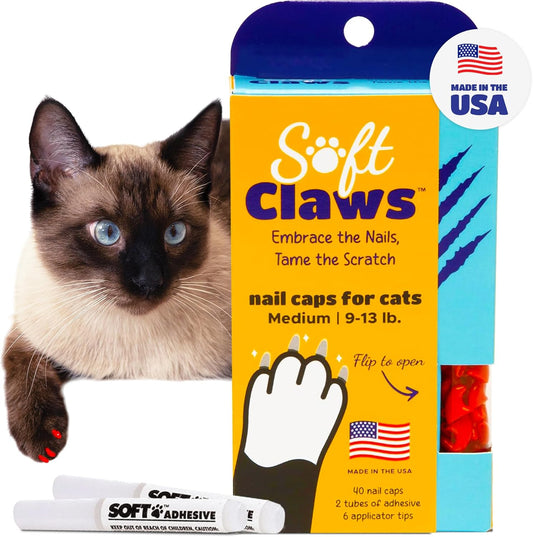 Soft Claws Cat Nail Caps for Medium Cats – (40 Caps, Red) - Made in USA - Veterinarian-Developed | Protects Furniture & Skin - Easy to Apply, Long-Lasting Anti-Scratch Soft Cat Claw Covers.