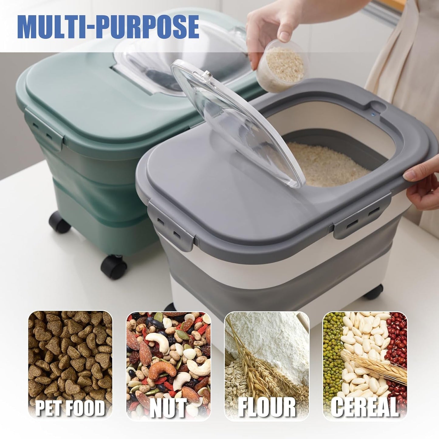 Collapsible Dog Food Storage Container with Lids, Airtight Rice Flour Cereal Sugar Cat Pet Bird Seed Containers Bin Bucket with Rolling Wheel, 20 25 30 Lbs Pound Plastic Sealable Kitchen Pantry Holder