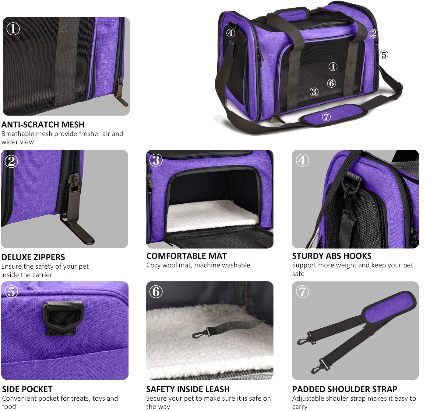 Pet Carrier for Small Medium Cats Dogs Puppies up to 15 Lbs, Airline Approved Small Dog Carrier Soft Sided, Collapsible Travel Puppy Carrier - Purple