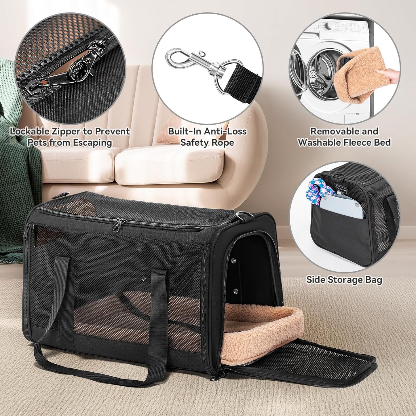 PETSFIT Soft-Sided Cat Carriers & Car Seats with Patent Safe Buckles, Clip-On Harness, 18"x11"x11" Airline Approved Pet Carrier - 9 lbs Capacity (Black)