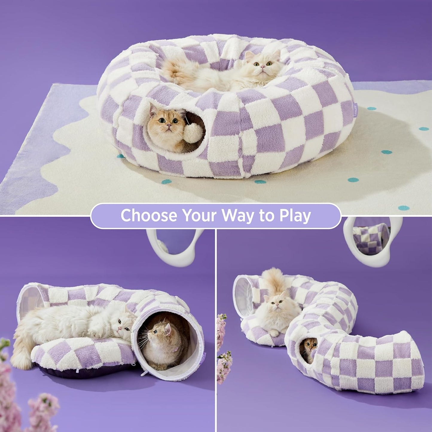 Lesure Cat Tunnel Bed for Indoor Cats - Cute Cat Donut Tunnel Toys for Small Large Cats with Washable Circle Cushion, Round Pet Peekaboo Cave Toy for Kitten/Puppy/Rabbit, Standard Purple