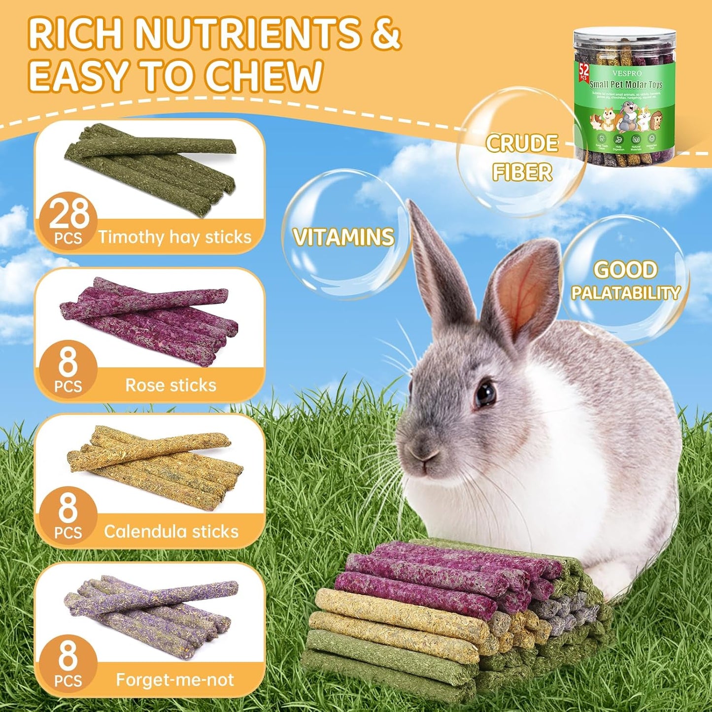 52Pcs Rabbit Chew Sticks, Guinea Pig Toys, Natural Timothy Grass Molar Teeth Stick, Mixing Flowers, Roses, Calendula and Forget Me Not, Small Animals Treats