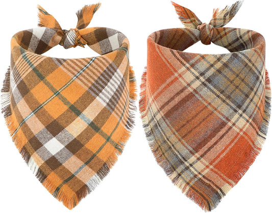 Vivifying Halloween Dog Bandana, 2 Pack Fall Thanksgiving Classic Plaid Dog Scarf with Tassels Edges, Funny Pet Apparel & Accessories Costume for Photo Prop, and Party Decor (Large, Yellow&Orange)