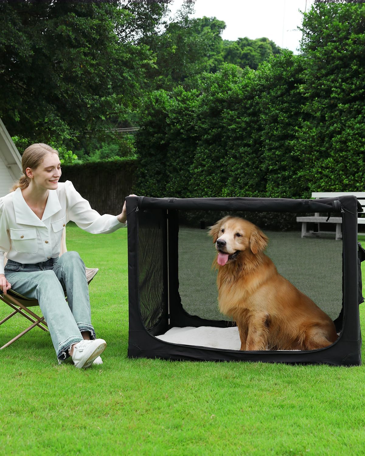 42 Inch Collapsible Travel Dog Crate for Medium Large Dogs, Portable Dog Crate 4-Door Foldable Soft Kennel with Durable Mesh Windows for Indoor & Outdoor Travel, with Storage Bag,Black