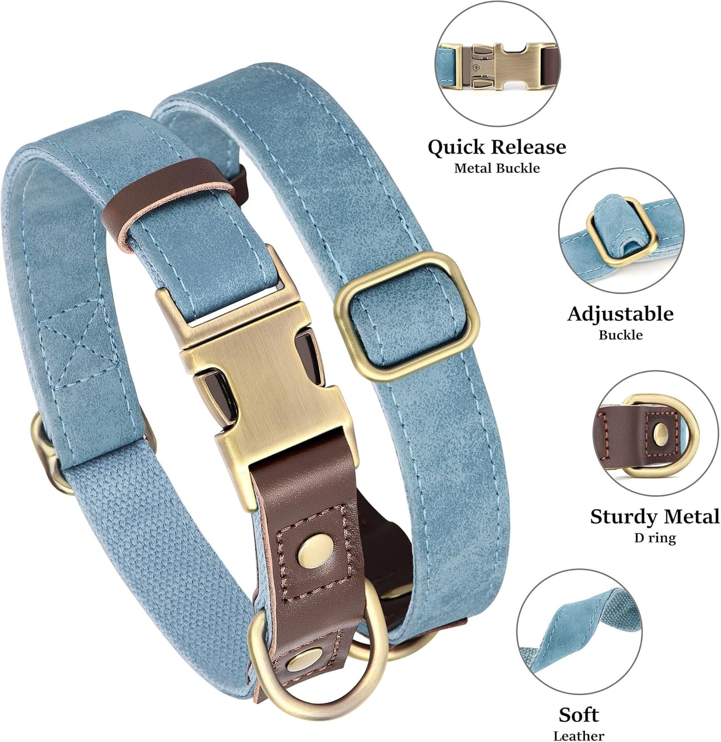Didog Soft PU Leather Dog Collars for Small Dogs,Classic Adjustable Dog Collars with Quick Release Metal Buckle,Easy Clean and Comfortable with Nylon Lining,Denim Blue,S Neck 10-15"