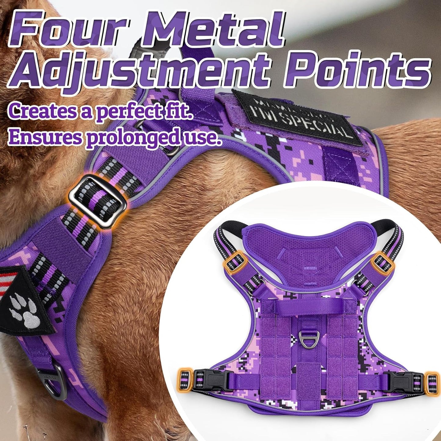 rabbitgoo Tactical Dog Harness for Small Dogs, No Pull Military Service Vest with Handle & Molle, Easy Control for Training Walking, Adjustable Reflective Straps, Purple Camo, S