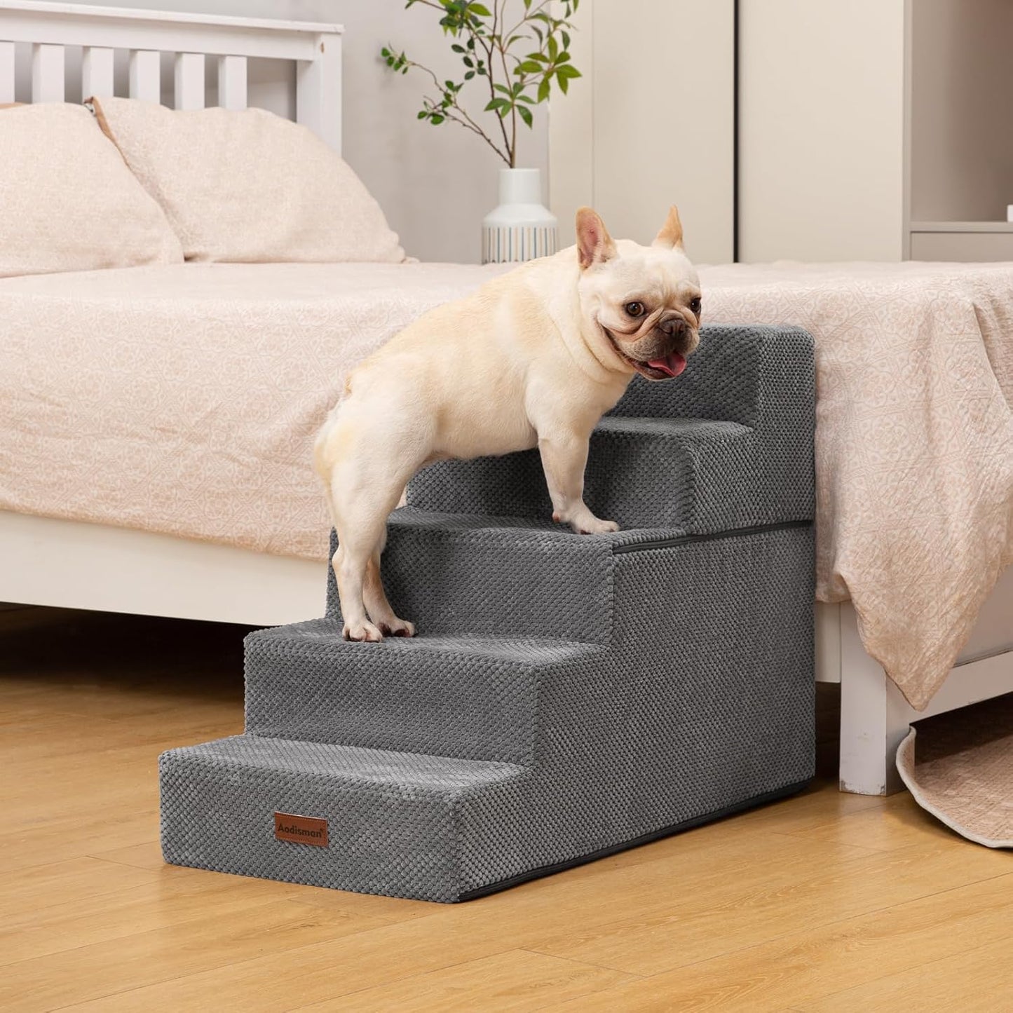Dog Stairs for High Bed 22.6" H,5-Step Dog Steps for Small Dogs and Cats,Indoor Non-Slip Balanced Pet Stairs are Suitable for Puppy,Older Cat,Grey