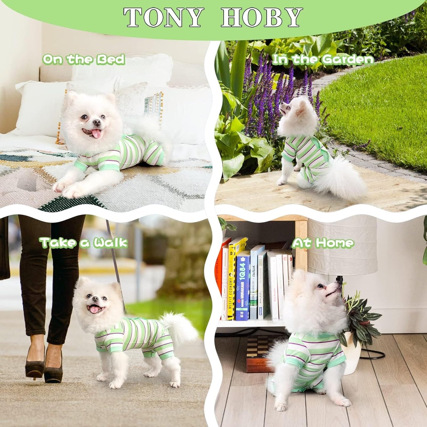 TONY HOBY Dog Pajamas, Male Dog Jumpsuit with Green Stripe, Dogs Clothes for Small Medium Size Dogs (Green&White, Boy, XS)