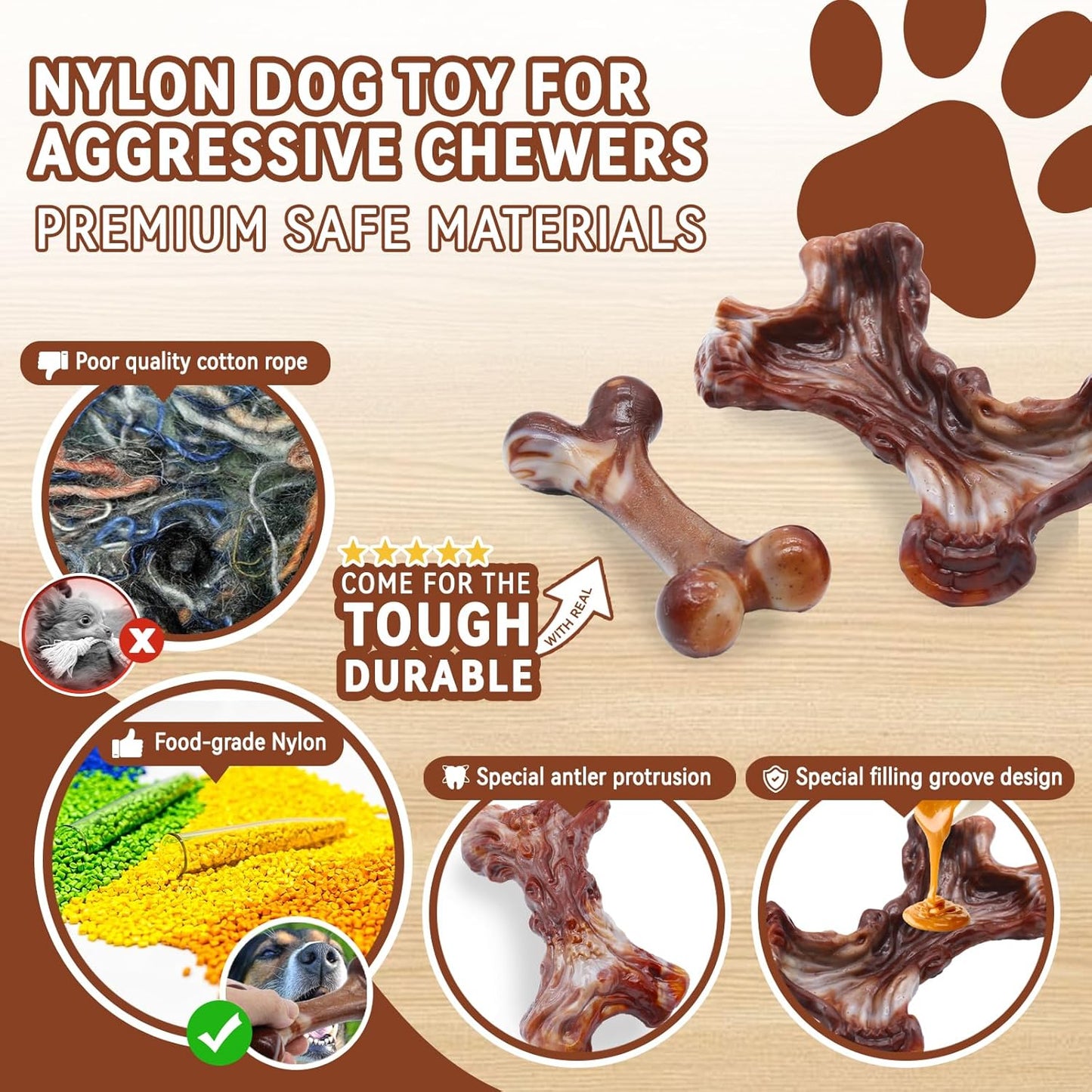 Magicorange Tough Dog Toys, Chew Toys for Aggressive Chewers, Dog Bone Toy Nylon Almost Indestructible Dogs Toy for Teeth Cleaning and Training (Brown)