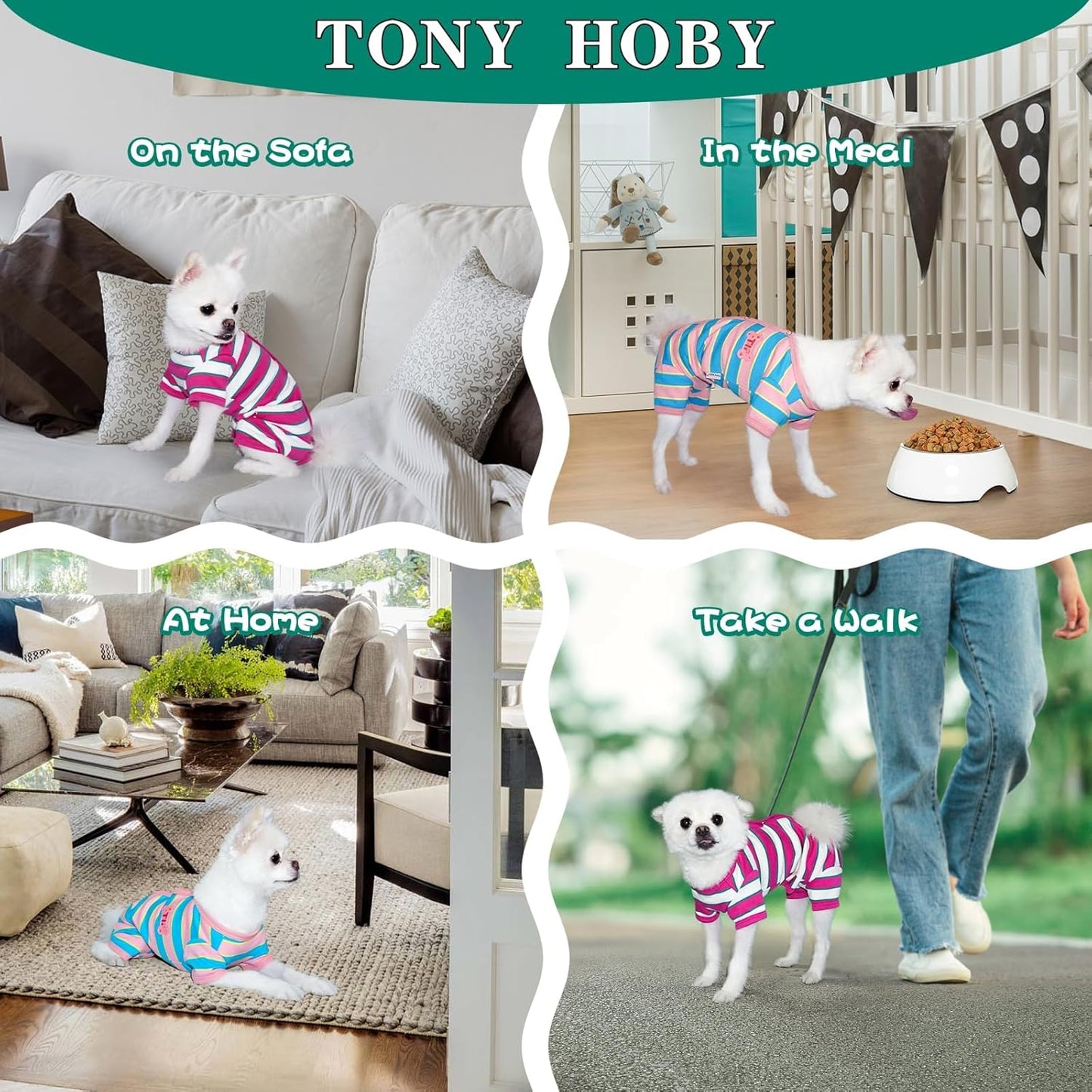TONY HOBY Male Dog Pajamas, Dog Jumpsuit with Rose Red Stripe, Colorful Dogs Shirt for Small Medium Dogs (Rose Red&White, Boy, XL)