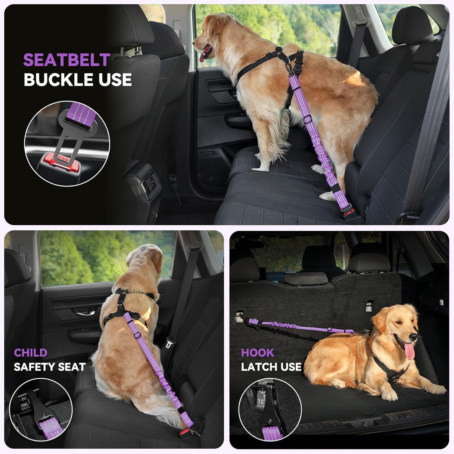 Pawaboo Dog Seatbelt for Car, 3-in-1 Dog Seat Belt Bungee, Shockproof Dogs Tether for Car with Buckle & Hook Latch, Adjustable Reflective Dogs Cars Harness Leash with 360° Lockable Buckle, Purple