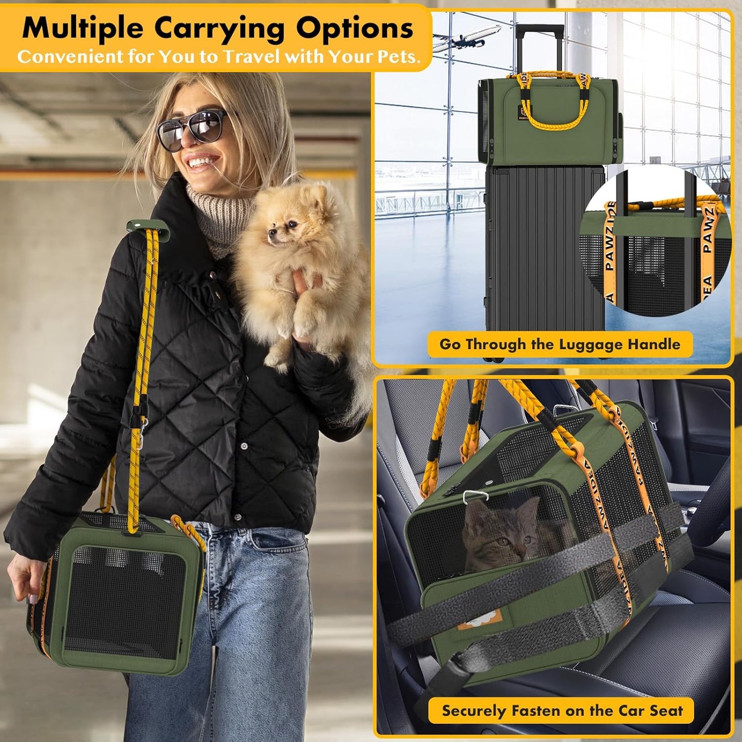 PAWZIDEA Pet Carrier with Wheels, 18x11x11 TSA Airline Approved Cat Carrier for 2 Cats Under Seat, Expandable Soft-Sided Dog Carrier for Small Dogs Rolling Travel Bag with Telescopic Handle, Foldable