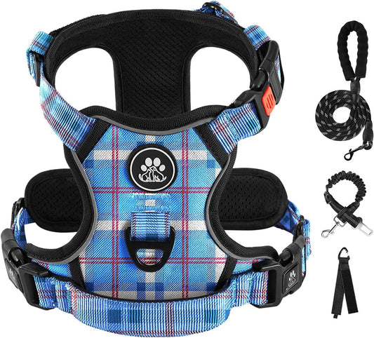 IVY&LANE No Pull Dog Harness with Leash Set, Reflective No Choke Pet Vest,Adjustable Oxford Dog Vest Harness with Easy Control Handle for Large Dogs (Checkered Blue,XL)