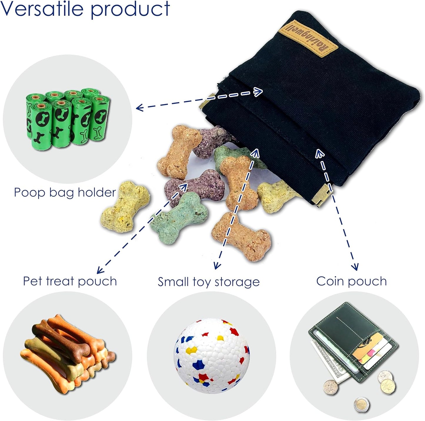 Dog Treat Pouch, Black Pocket Sized Pet Training Pouch, Cotton Fabric, Hand Free Dog Walking Bag with Carabiner, Self-Closing Pet Feed Snack Reward, for Pet Puppy Travel or Outdoor Use