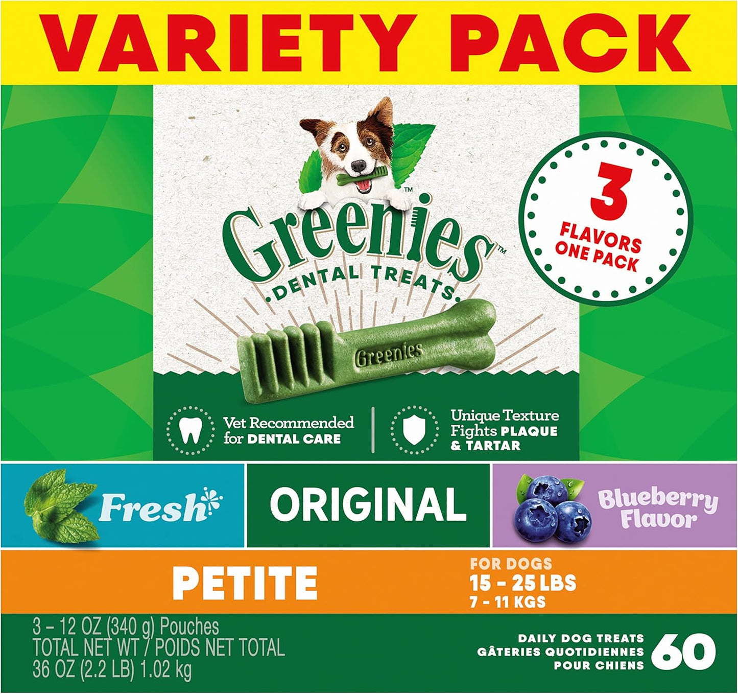 Greenies Petite Dental Dog Treats, 3-Flavor Variety Pack, (3) 12 oz. Pouches, 60 Total Treats