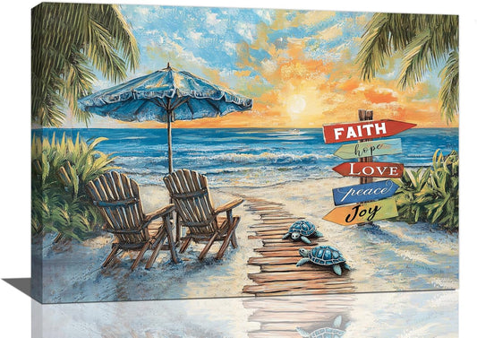 Beach Ocean Bathroom Pictures Wall Art, Seaside Coastal Bathroom Wall Decor, Sunrise Framed Painting Canvas Artwork for Bedroom Living Room Decorations 24"L x 16"W