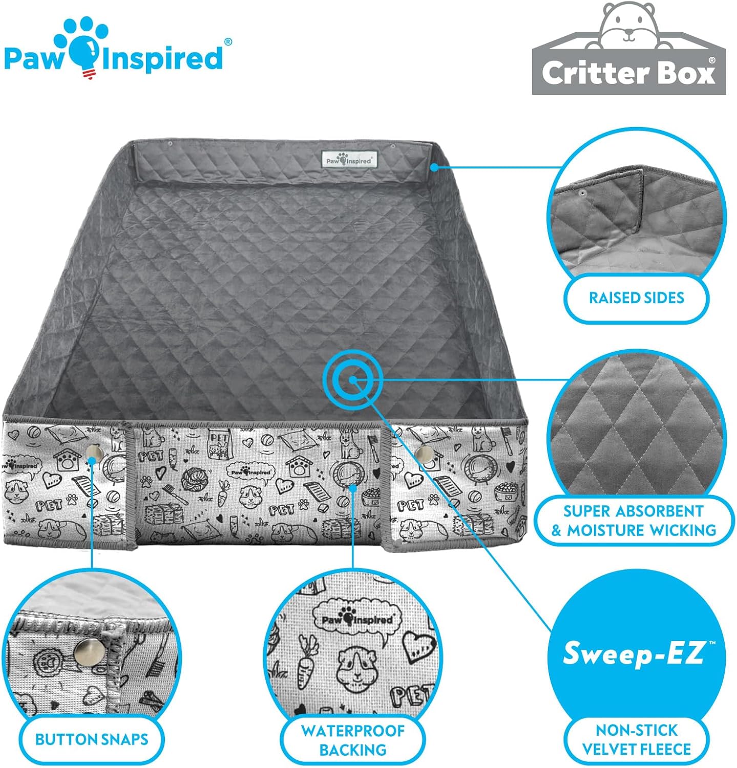 Paw Inspired Critter Box Washable Cage Liner with Raised Sides, Fleece Bedding with Waterproof Bottom, Edge Protected Pee Pads for Guinea Pigs, Rabbits, Hamsters, Small Animals (C&C 2x3 Size)