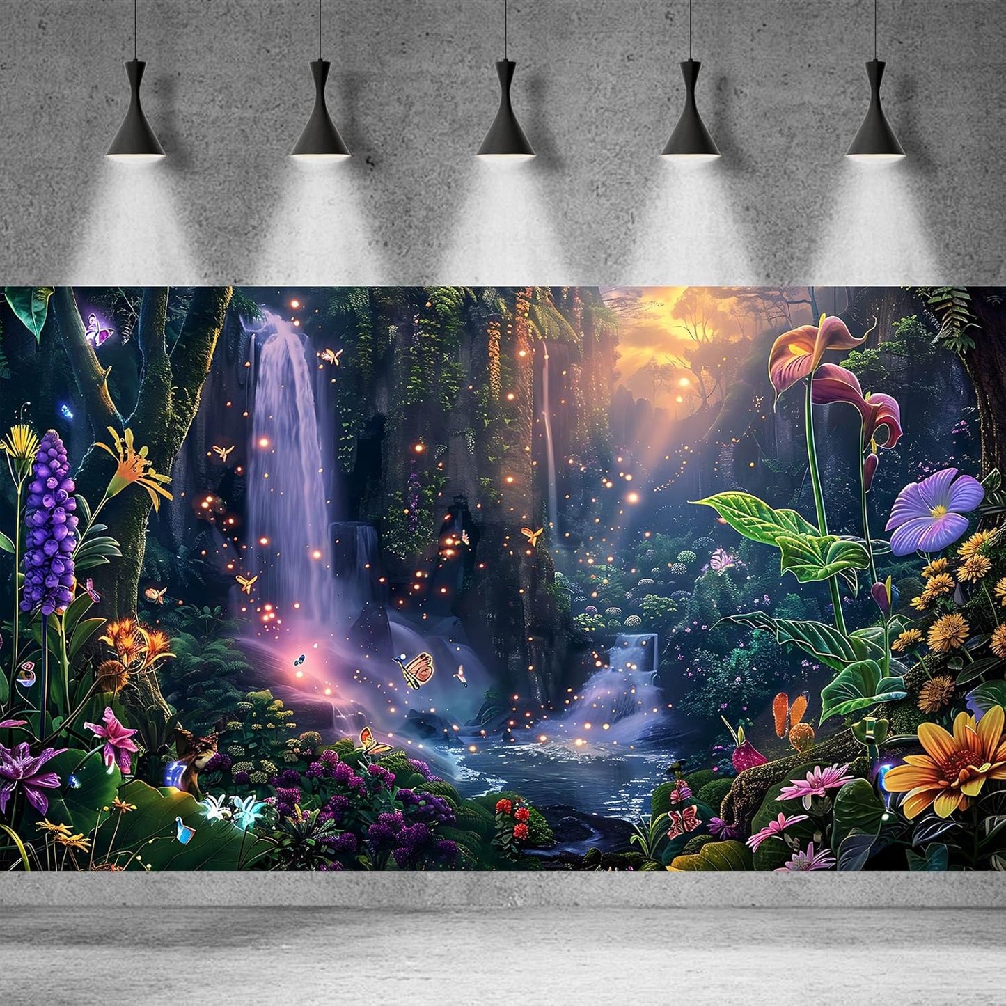 Fantasy Garden Aquarium Background Sunset Waterfall and Flowers Terrarium Backdrop Tropical Forest Lush Plant Magic Butterfly Lights Flowers Fish Tank Background Poster Decorations 48x24in