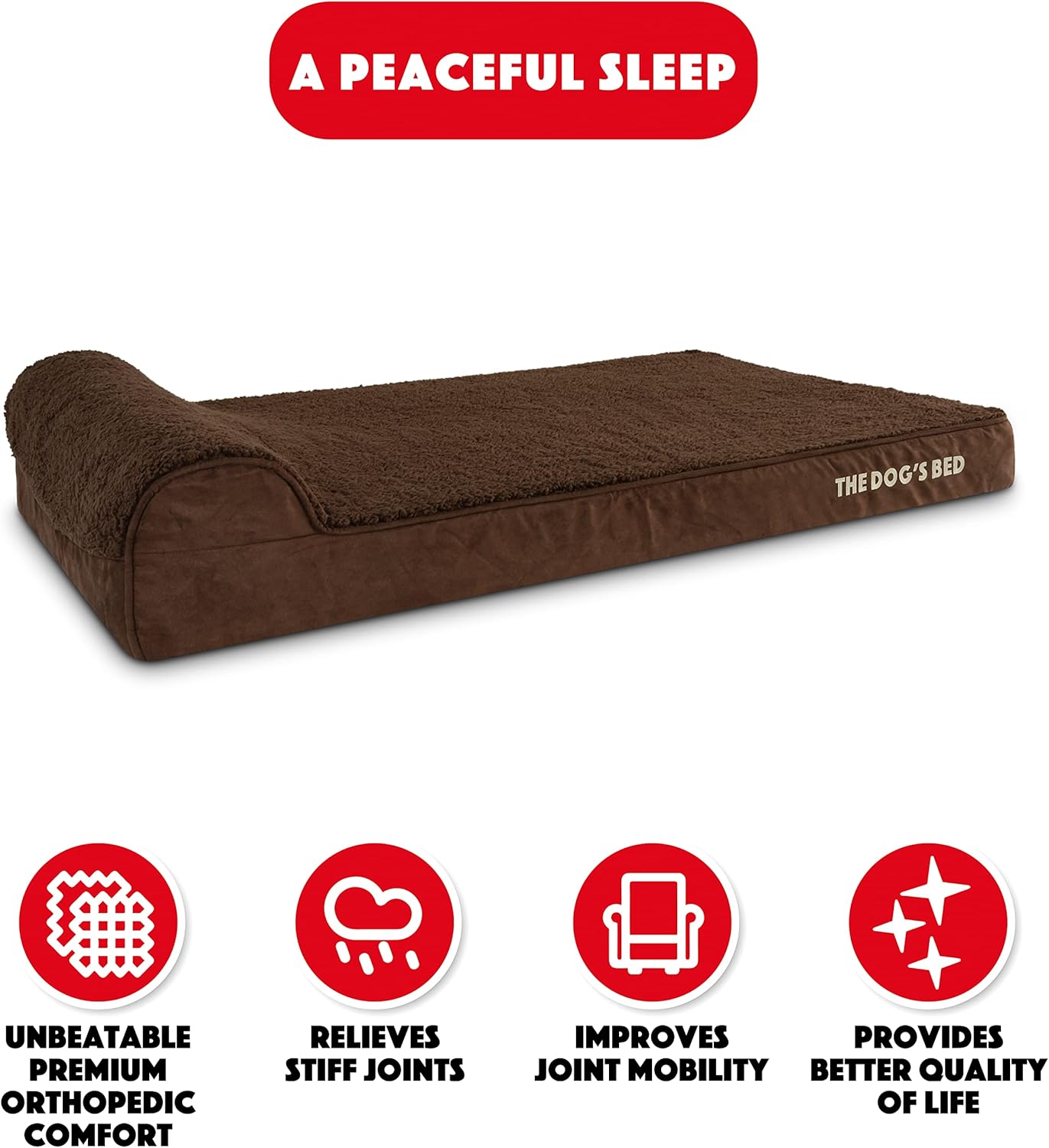 The Dog’s Bed Orthopedic Headrest Dog Bed XL Brown Plush 46x28, Memory Foam, Pain Relief for Arthritis, Hip & Elbow Dysplasia, Post Surgery, Lameness, Veterinary Approved, Waterproof Washable Cover