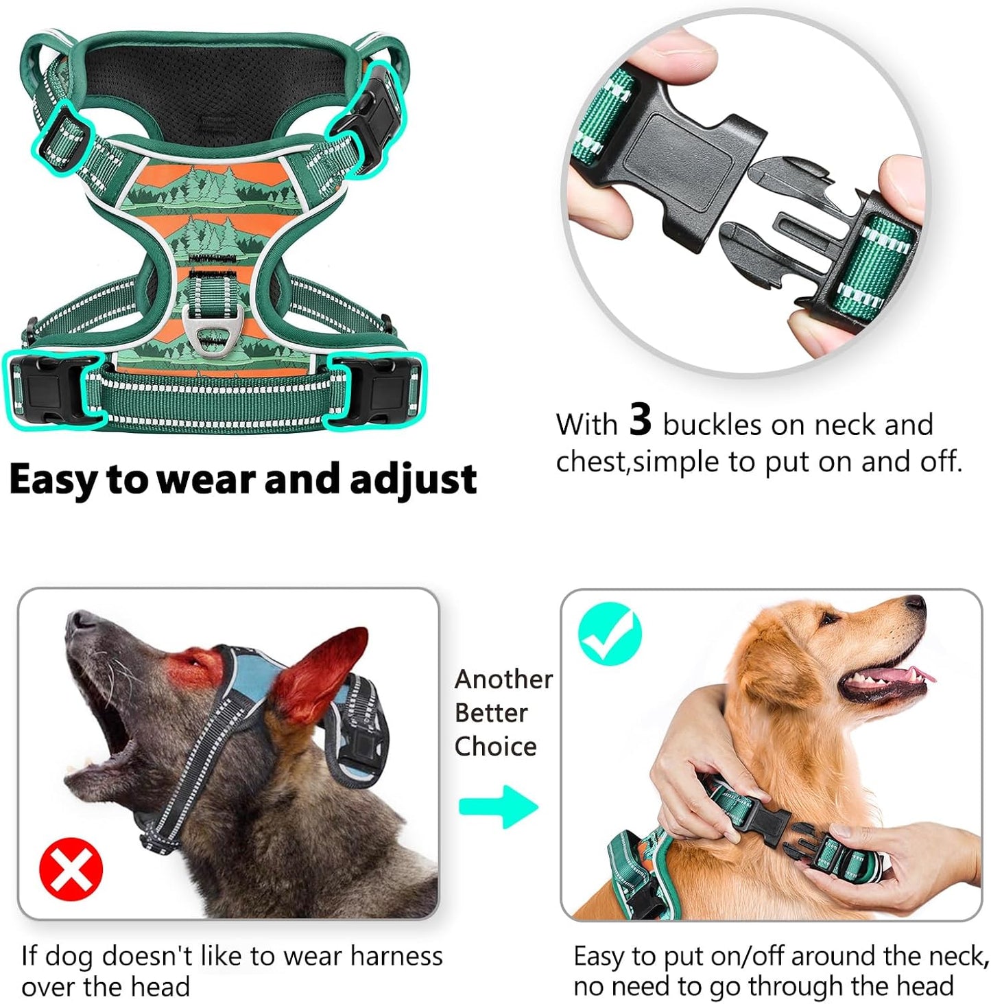 Timos No Pull Dog Harness,No Choke Front Clip Dog Reflective Harness,Adjustable Soft Padded Pet Vest with Easy Control Handle for Medium Dogs,Wilderness,M