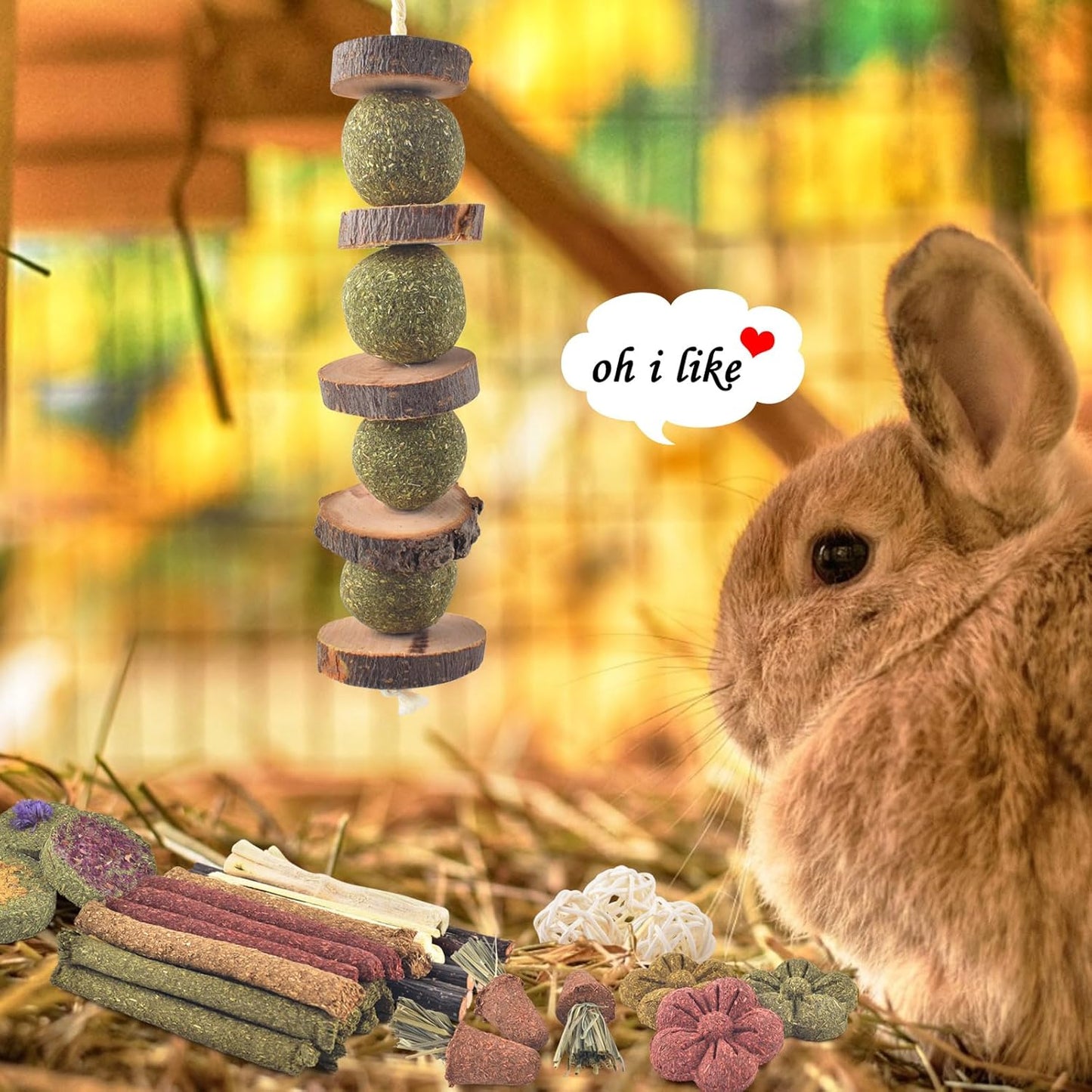 ERKOON Bunny Toys Boredom, 42 PCS Bunnies Timothy Hay Sticks Carrots Rose Grass Cake Dental Care, Molar, Chinchillas Toy Chew Toy, Guinea Pigs, Hamsters, Chinchilla, Rabbit Chew Toys for Teeth