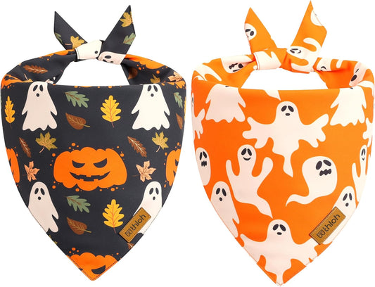 Halloween Dog Bandanas - 2 Pack Fall Dog Bibs | Reversible Pumpkin and Ghost Pet Scarf for Boys and Girls | Premium Durable Fabric | Orange Dog Bandana for Medium and Large Dogs (Large)