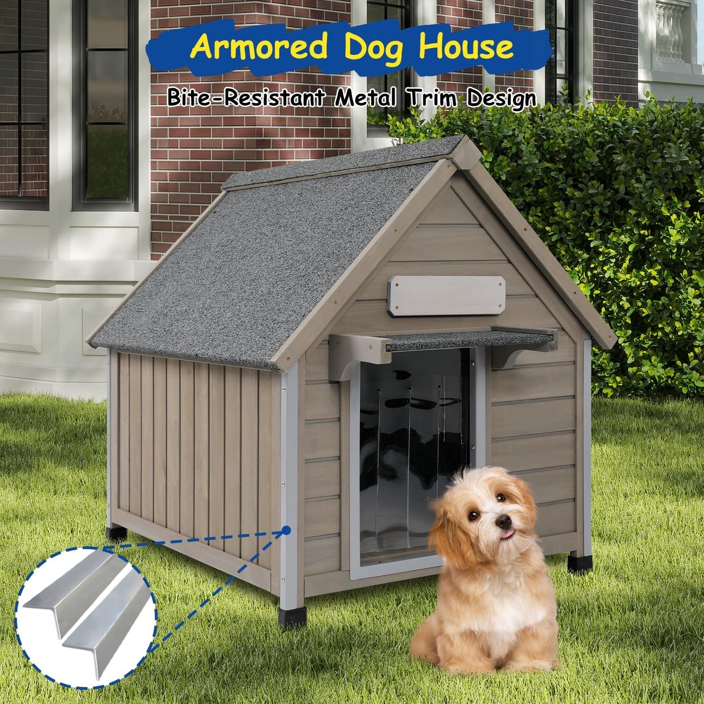 Outdoor Dog House Waterproof for Medium Small Dogs with Anti-Chewing Iron Frame, Adjustable Vent Window, Indoor & Outdoor Doghouse Kennel Puppy Shelter, Easy Clean and Assemble (26" L*31.9" W*32" H)