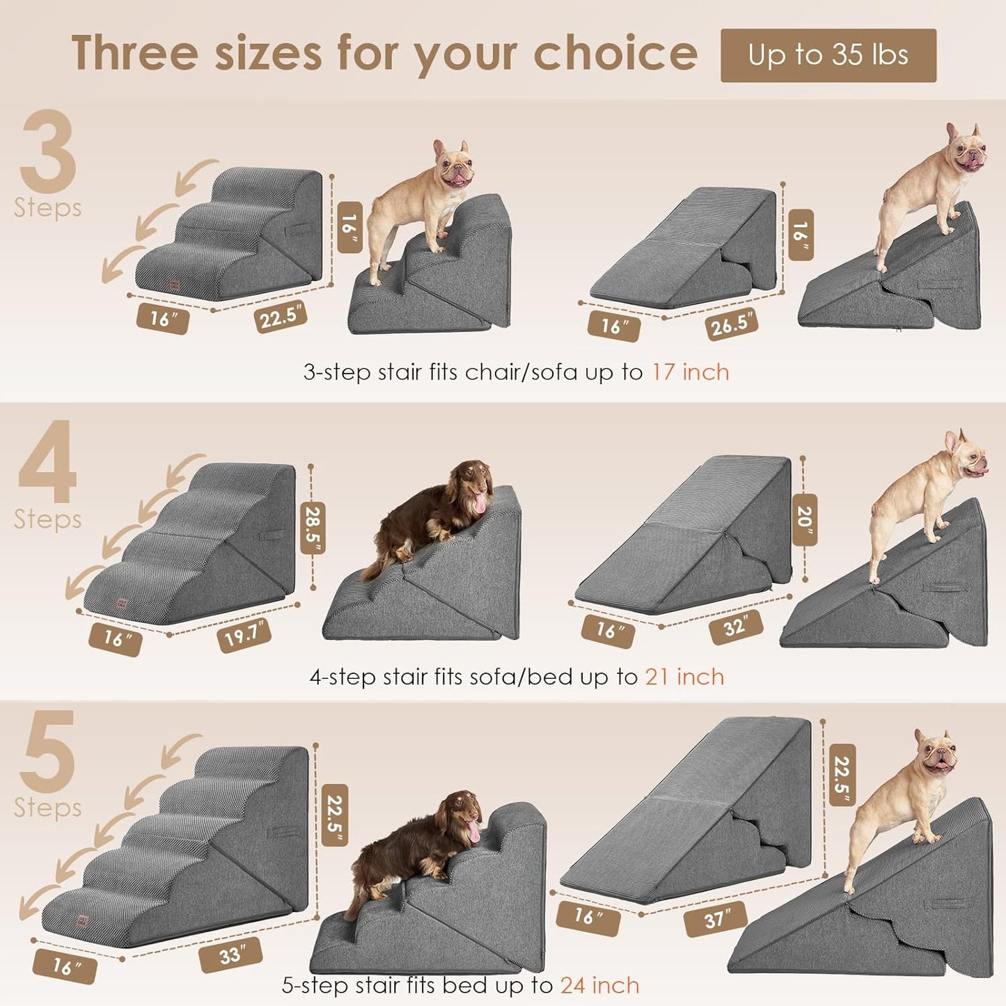 EHEYCIGA Curved Foldable Dog Stairs Ramp for High Beds 22.5" H, 5-Step Dog Steps for Small Dogs and Cats, Pet Stairs for High Bed Climbing, Non-Slip Balanced Pet Step Indoor, Grey