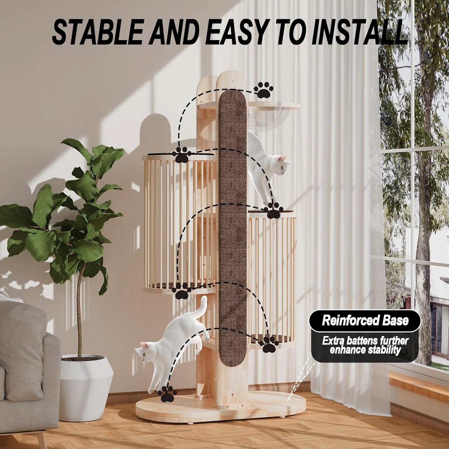 Modern Cat Tree Tower for Indoor Cats, 67" Tall Solid Wooden Cat Tower with Scratching Posts, 6 Level Natural Luxury Cat House with Big Bed, Washable Cushions Cat Furniture for Large Cats White Brown