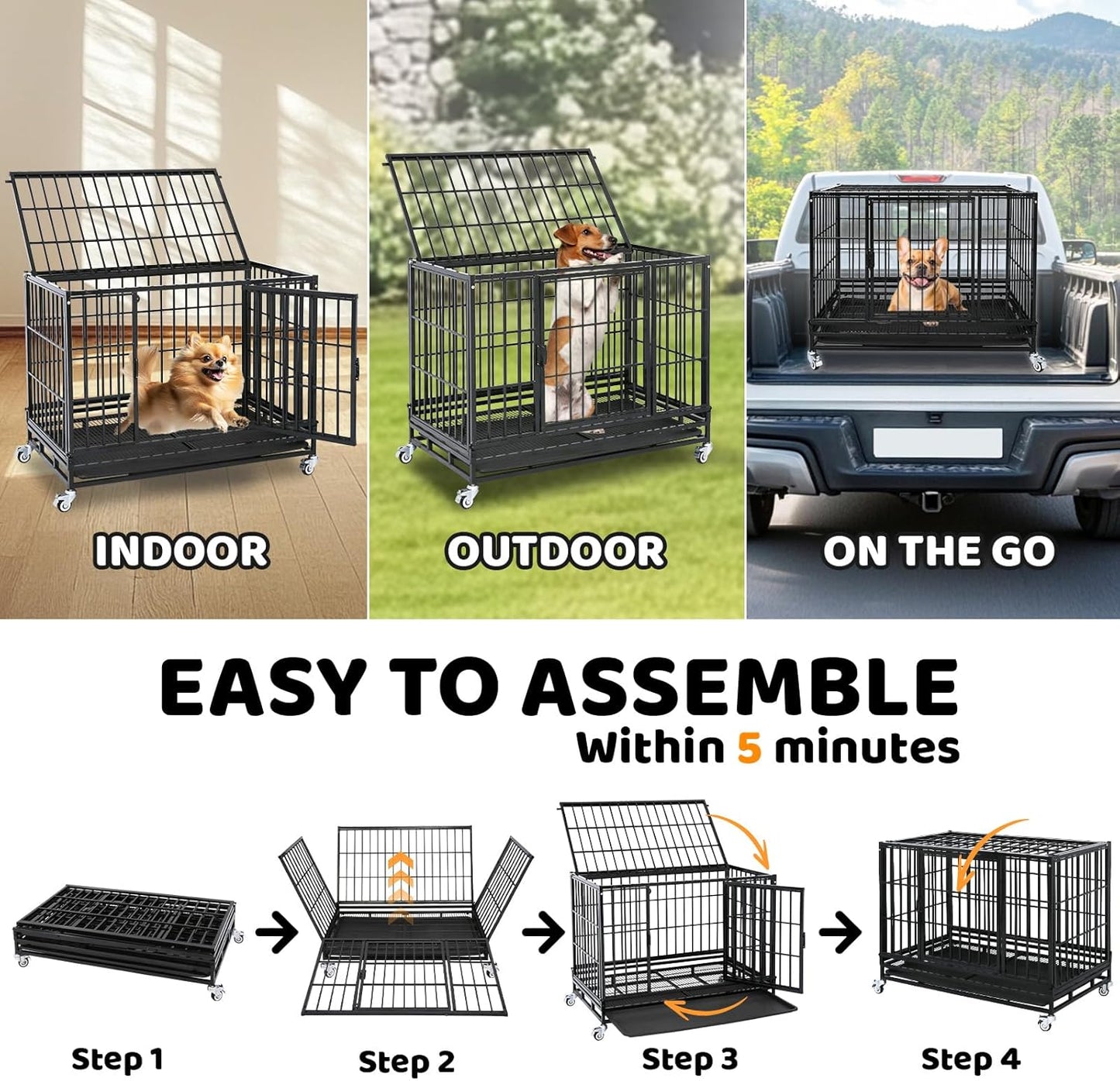 Homey Pet 37 Inch Heavy Duty Dog Crate Indestructible, Collapsible Dog Cage with Lockable Wheels, Removable Tray, High Anxiety Dog Kennel Indoor, Three Tiers Stackable Dog Crates for Medium Dogs