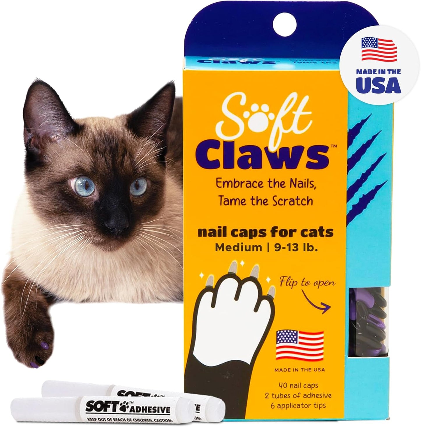 Soft Claws Cat Nail Caps for Medium Cats – (40 Caps, Black & Purple) - Made in USA - Veterinarian-Developed | Protects Furniture & Skin - Easy to Apply, Long-Lasting Anti-Scratch Soft Cat Claw Covers