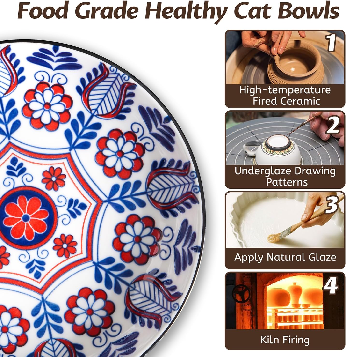 Non-Slip Cat Bowl,Ceramic Cat Food Bowls with Silicone Bottom, Anti-Whisker Fatigue Cats Dishes Set, Shallow & Wide Kitten Plates for Food and Water, 4 Pack