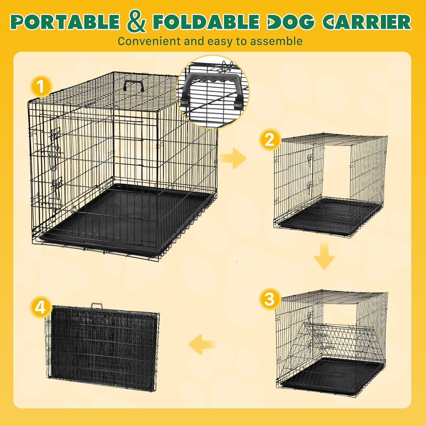 DUMOS Dog Crate with Double Doors, Metal Foldable Pet Cage with Divider Panel and Removable Tray, Portable Large Kennel for Outdoor Indoor with Handle, Black, 42 Inch